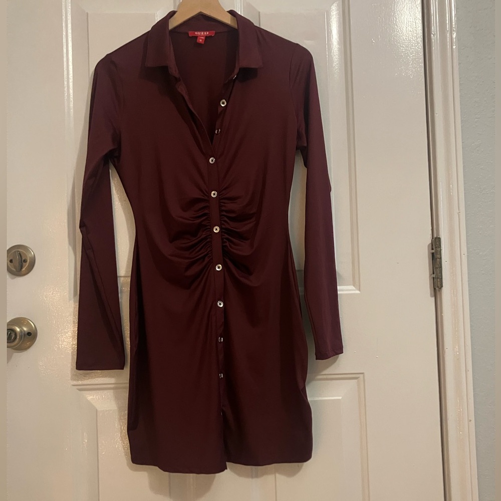 Guess, long sleeve, button- down , ruched bodycon dress/ burgundy
